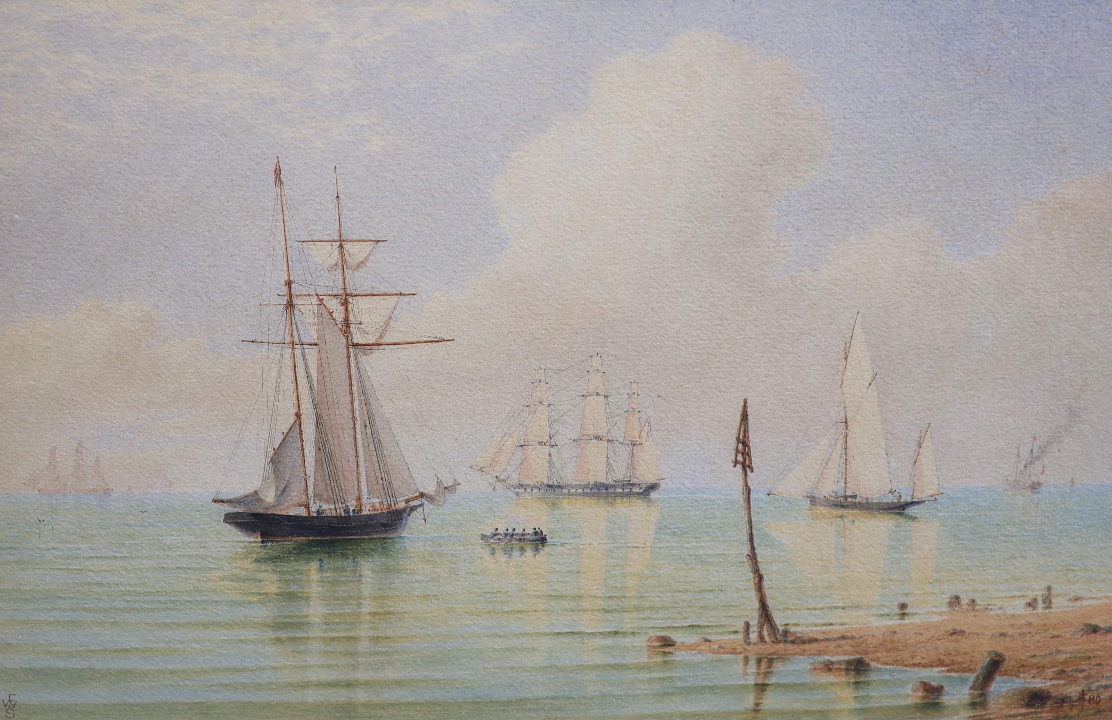 William Frederick Settle (British, 1821-1897), watercolour, Coastal shipping, monogrammed and dated '80 22.5 x 34cm